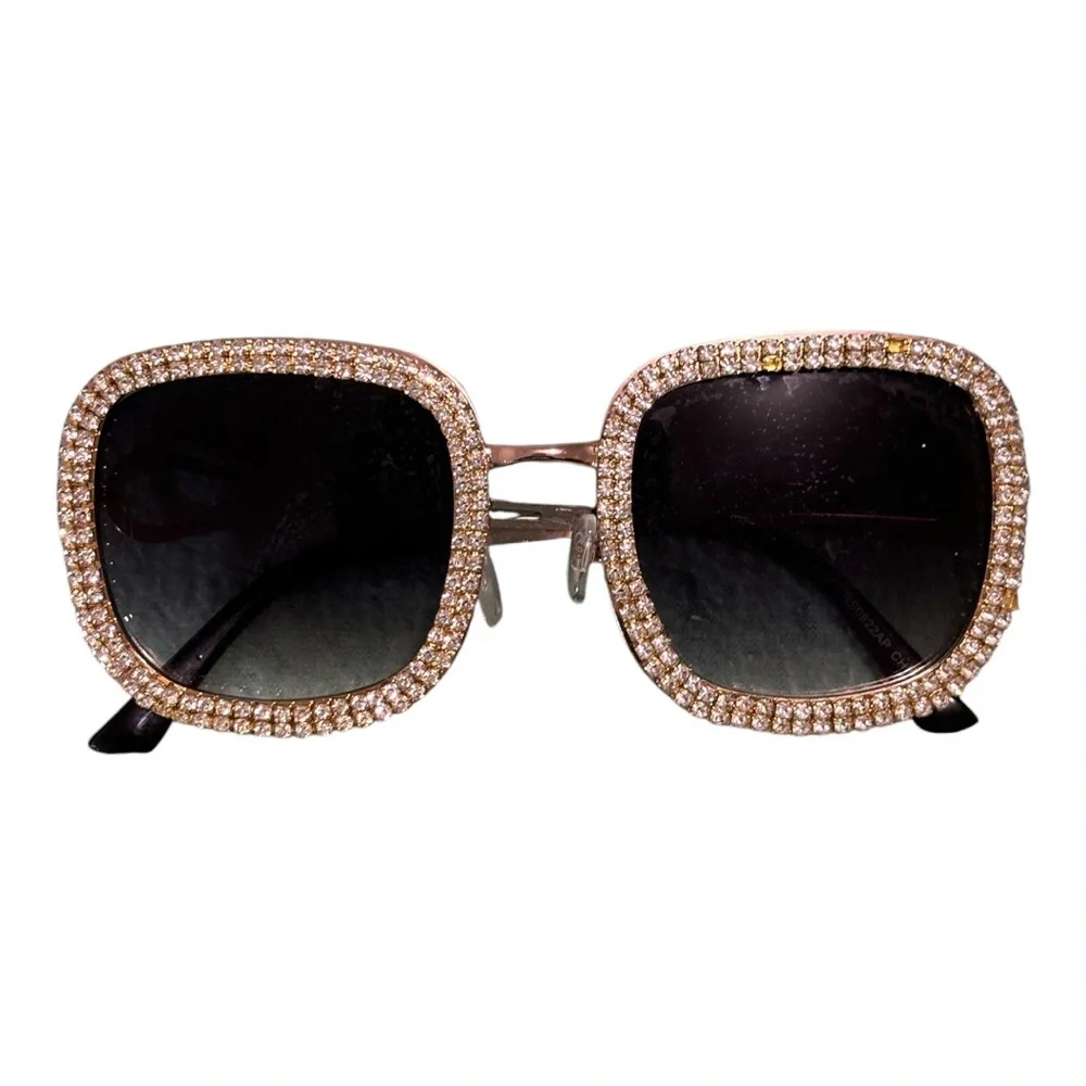 Square Oversized Sunglasses with Diamond Stud Decorated Lens Women's Black/Gold